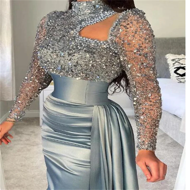 Mermaid / Trumpet Evening Gown Sliver Elegant Dress Formal Sweep Train Long Sleeve High Neck Satin with Pearls Sequin 2024