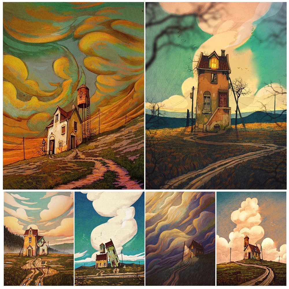 Cartoon Steppe Landscape Cloud Scenery Poster Wall Art Canvas Painting Posters Home Decor Wall Pictures For Living Room Unframed