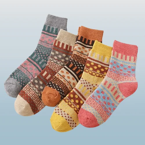 2024 New 5/10 Pairs Knitted Wool Socks Ethnic Style Retro Socks Wool Socks Plus Velvet Thickened Winter Heat Storage And Warmth