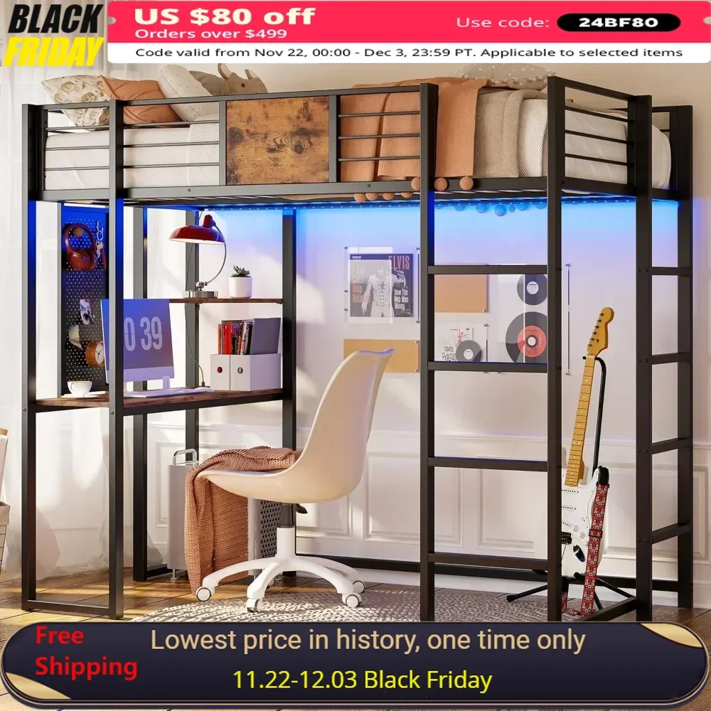 Loft Bed Twin Size with Desk and Shelves for Teens Adult,Loft Bed Frame with 2 Built-in Ladders,Space-Saving, Noise Free, Black