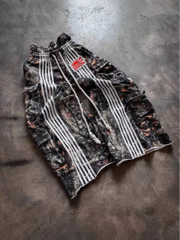 2025 American Retro Street Workwear, Double Waist Pants, Loose Wide Leg Pants With Camouflage Stripes For Heavy Industry