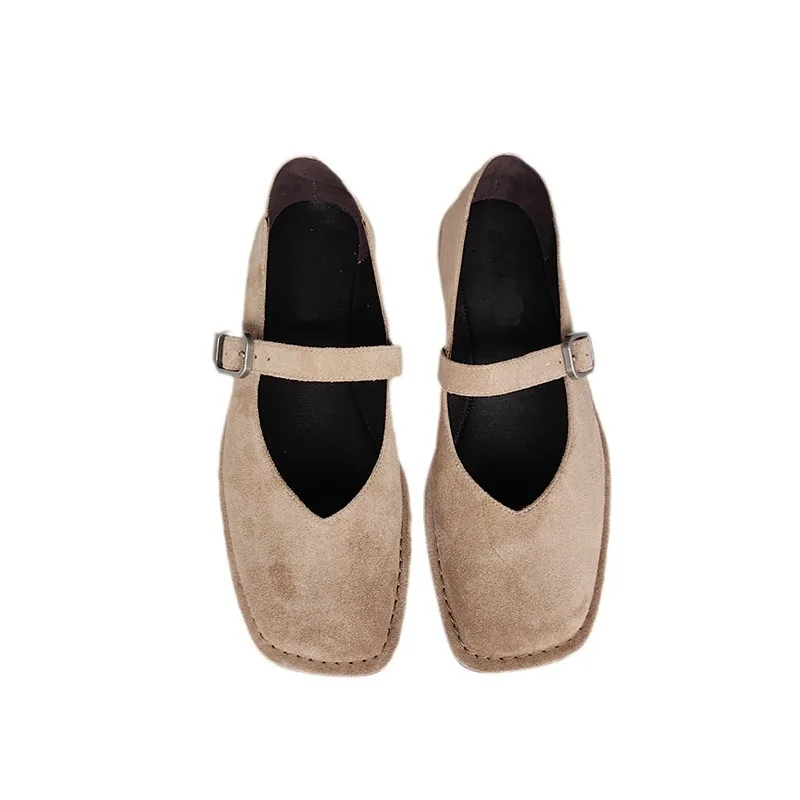 summer new women's shoes retro square head shallow mouth suede cow suede leather needle buckle ballet shoes flat single shoes