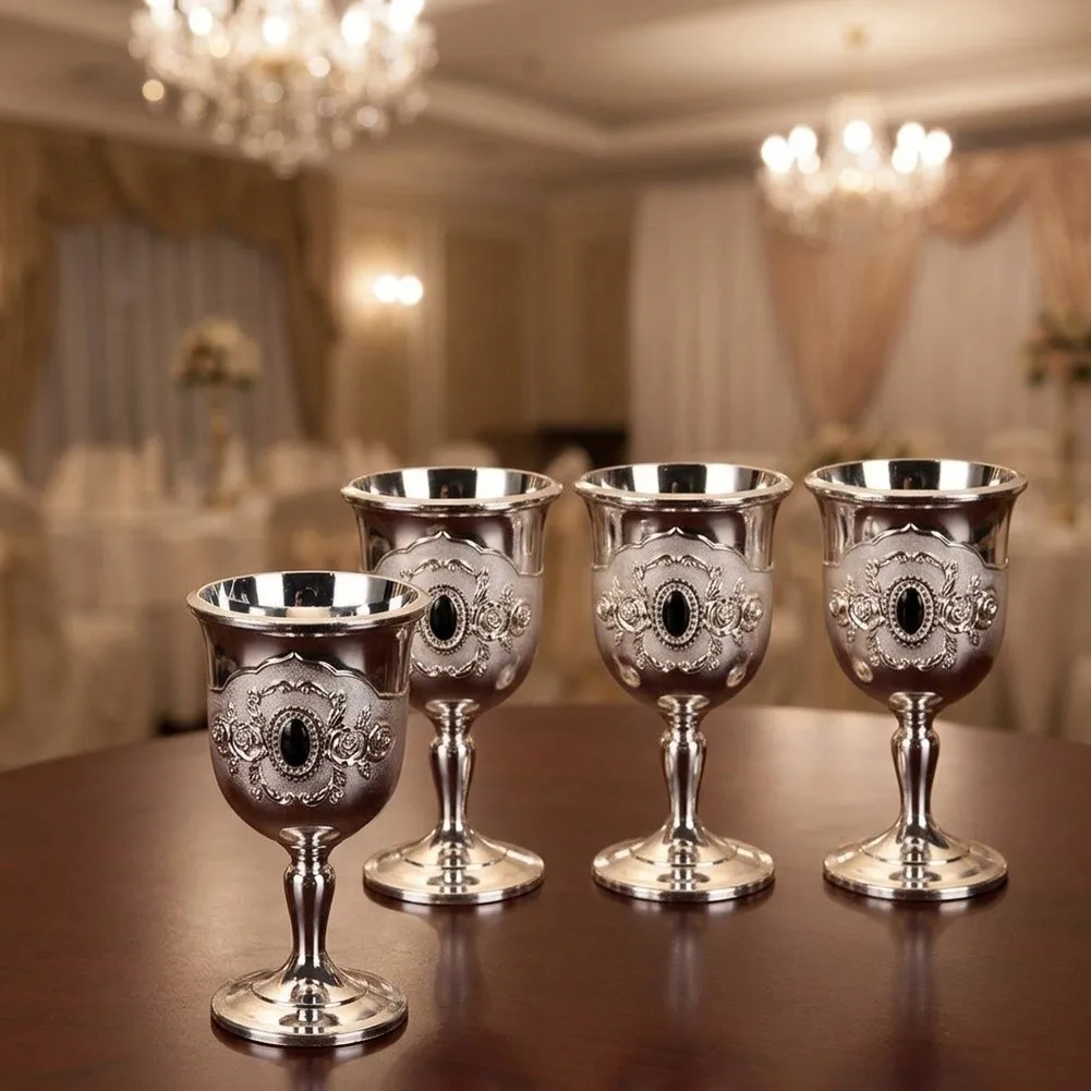 4Pcs Vintage Style Embossed Metal Pedestal Cup Decor Drinkware Banquet Home Festival Party Ornament Elegant Decor High Quality