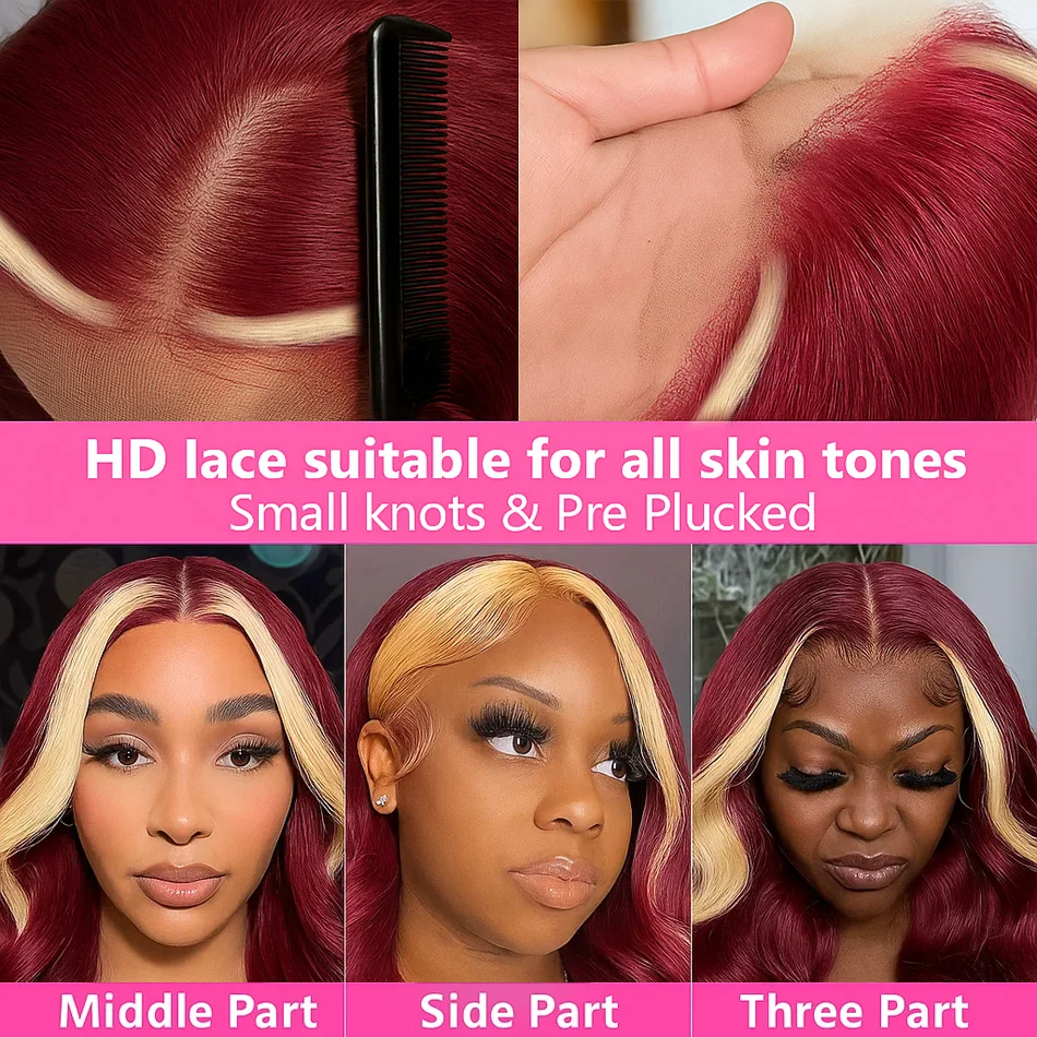 ترقية 99J/613 تسليط الضوء على شعر مستعار 13X4 الجسم موجة الدانتيل الجبهة خصلات الشعر المستعار الإنسان شقراء مع بورجوندي الأحمر تسليط الضوء على شعر مستعار دانتيل شفاف