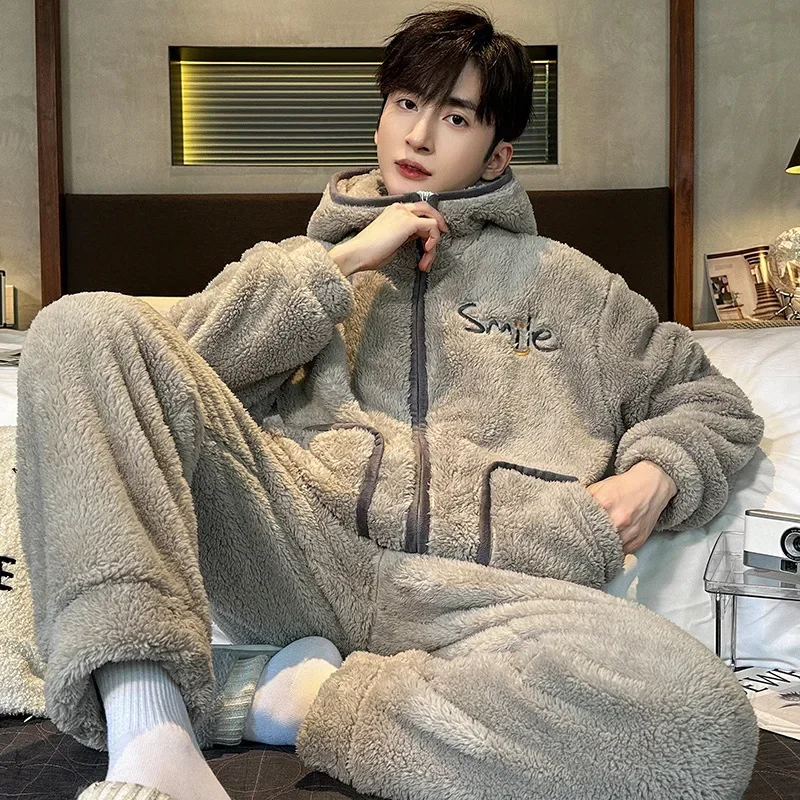 Coral Fleece Pajama Sets Men Winter Warm Sleepwear Long Sleeve Trouser Pajamas Flannel Thick Homewear Zipper Hooded Pajamas