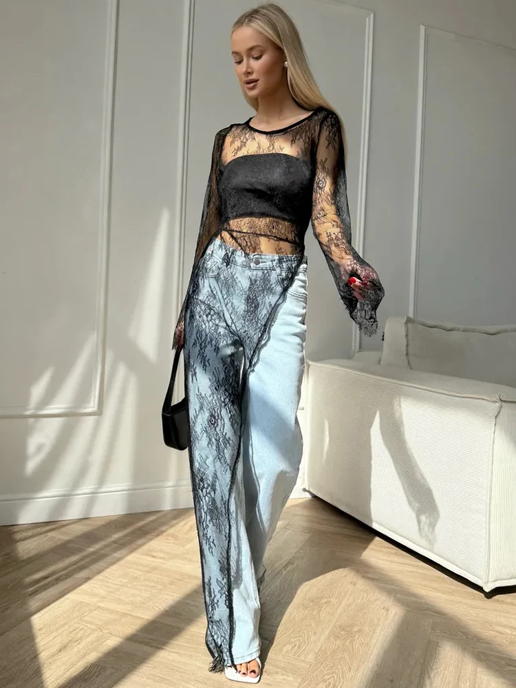 Trendix-vestidos transparentes sexis para mujer, vestido camisero de manga larga con bordado calado para fiesta, vestido asimétrico de encaje para discoteca 2026