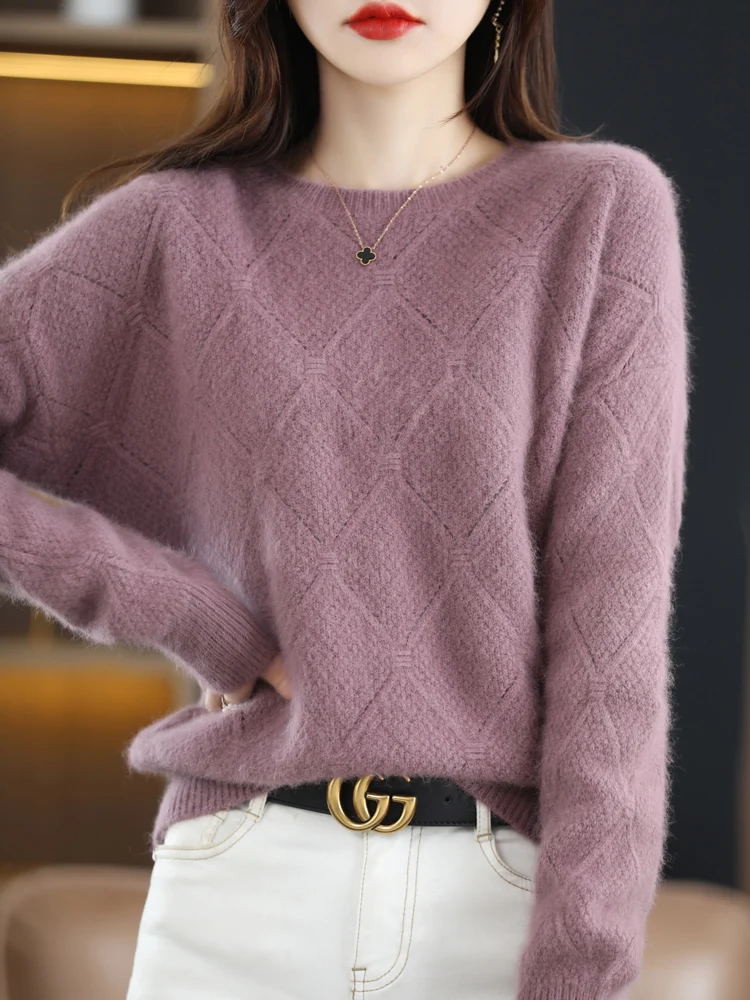 Autumn Winter New 100% Mink Cashmere Sweater Women\'s O-Neck Thick Knit Jumper Loose Twist Tops Fashion Knitted Warm Base Shirt