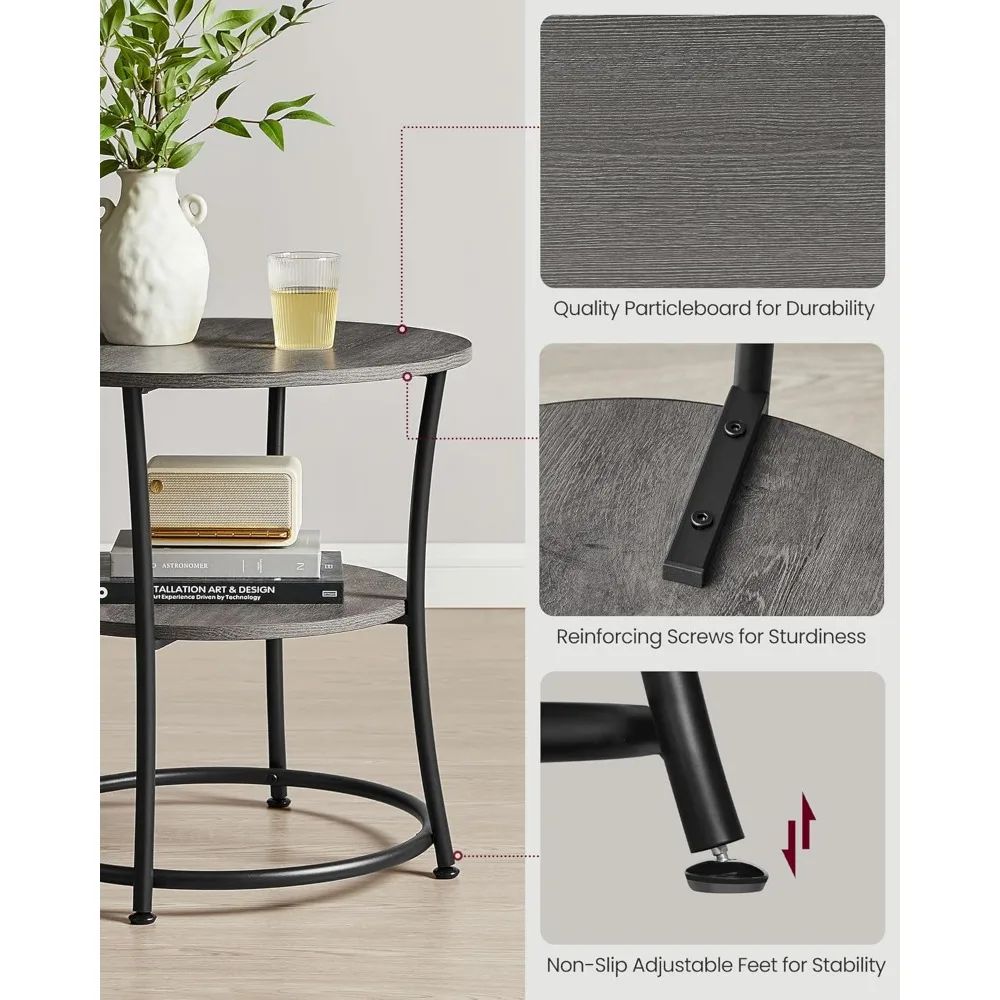 طاولة جانبية مستديرة من طبقتين مع إطار فولاذي للمساحات الصغيرة وغرفة المعيشة وغرفة النوم باللون الرمادي الضبابي والأسود الحبر