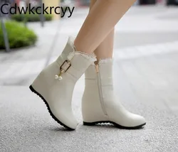 winter The New fashion Round head Increase within Women's boots white sweet Lace Plus velvet Keep warm High heel Women boots