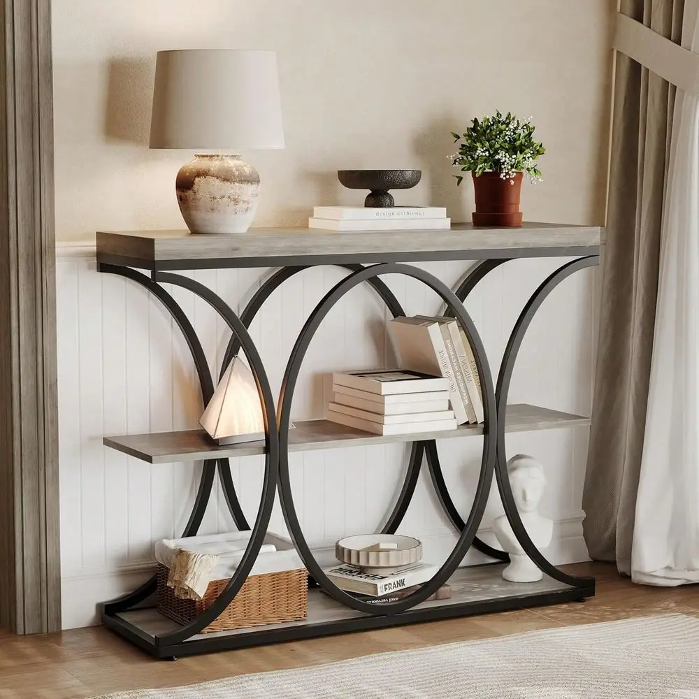 

39 Narrow Console Tables For Entryway, Industrial 3Tier Sofa Table With Round Metal Base And Storage Shelves For Living Room, H