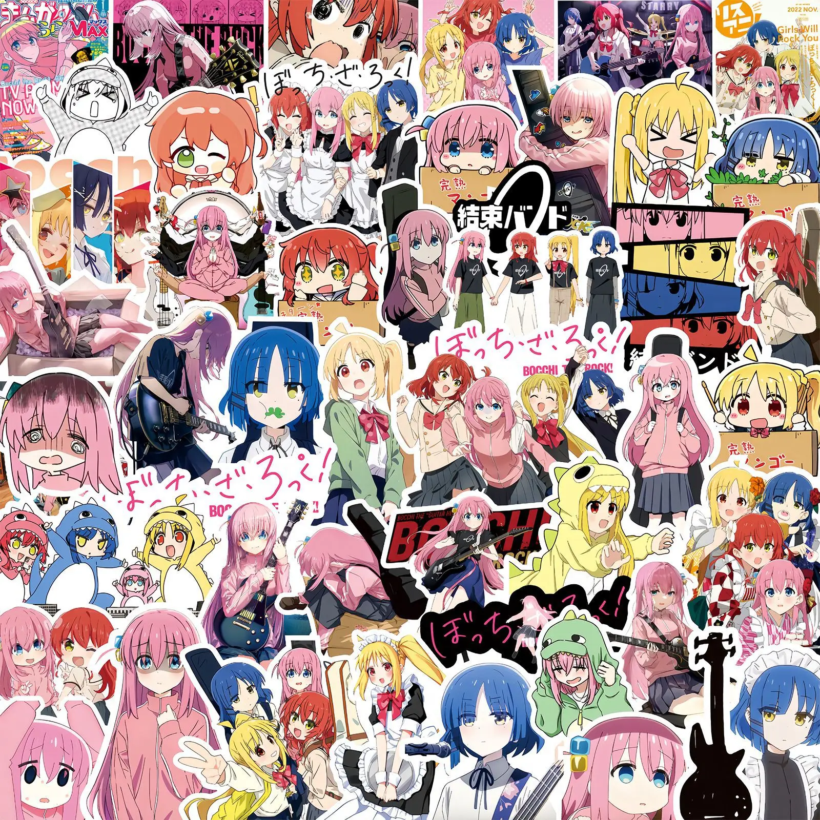 50 Peças Anime BOCCHI THE ROCK! Adesivos de Brinquedo para Crianças, Adesivos DIY para Capacete de Moto, Telefone, Skate, Decalques de Desenhos Animados