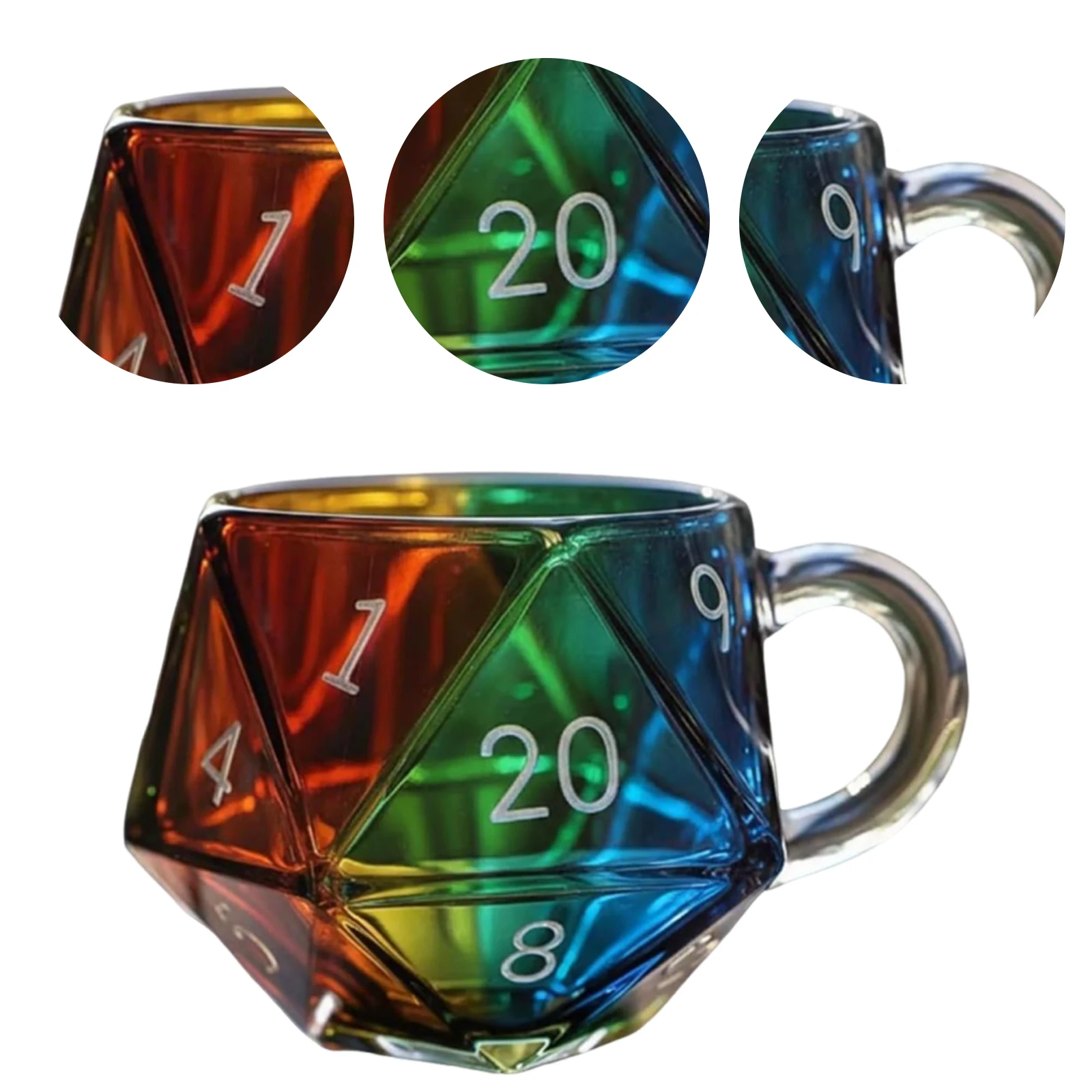 

Rainbow D20 Dice Mug with Handle Polyhedral Dice Coffee Cup Transparent Glass Game Mug Gift for Fantasy Lovers