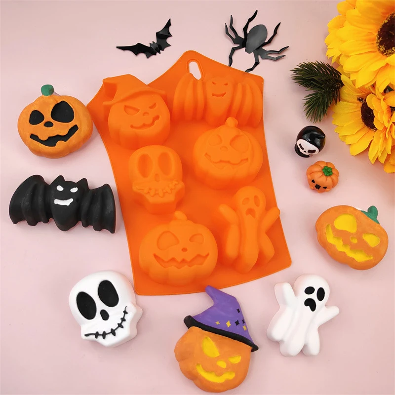 Halloween Nonstick Silicone Mold Set - Pumpkin Skull Bat Ghost Shapes for Chocolate Candy Baking Cake Pudding Cookies Cupcakes