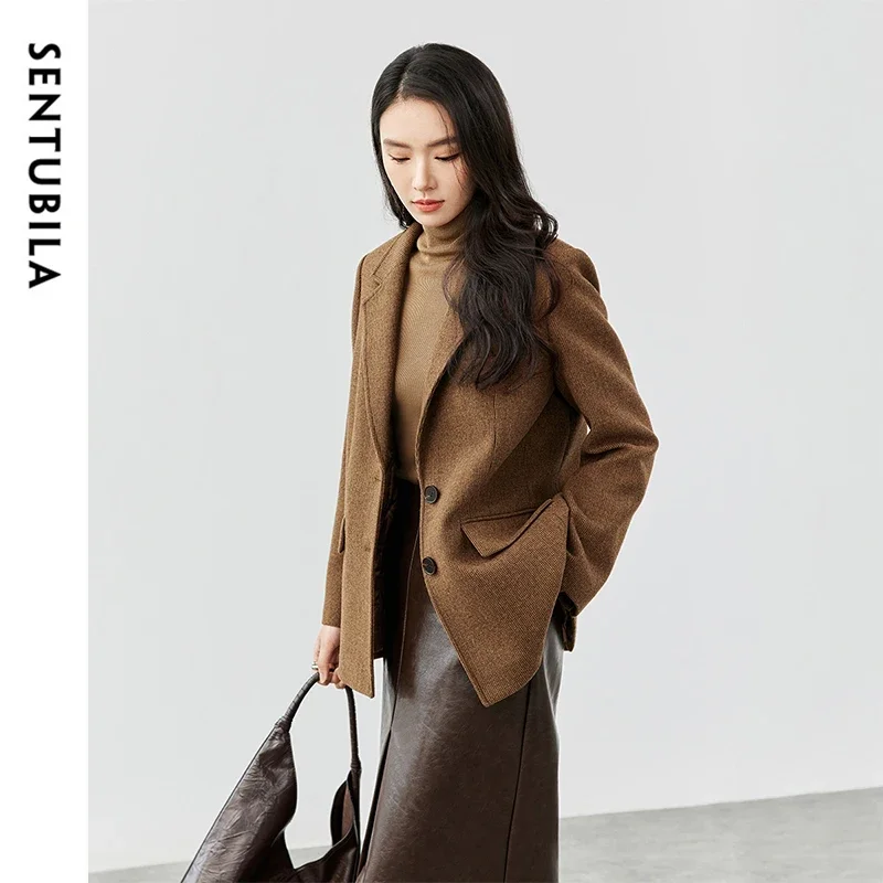 SENTUBILA Women Thick Wool Blazer Jacket 2024 Winter Solid Single Breasted Office Lady Work Business Tailoring Coat 144X56897