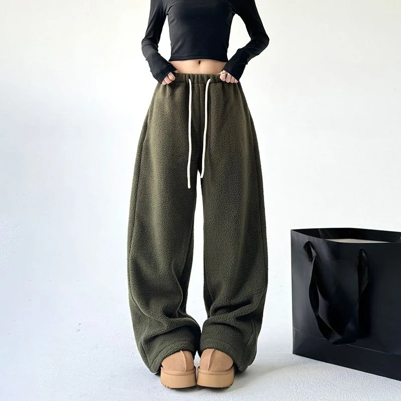 

Lamb Fleece Warm Wide Leg Pants for Women in Winter 2025, Thickened with Fleece, Loose and Slimming, Drawstring Pants