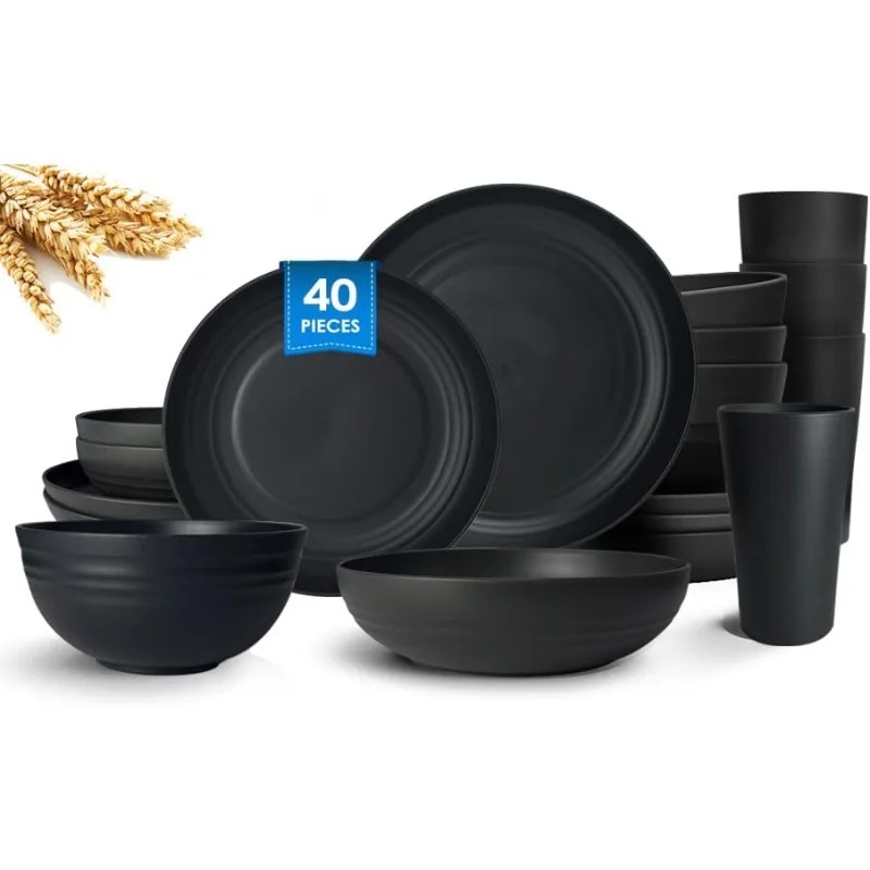 

32-Piece Kitchen Plastic Wheat Straw Dinnerware Set, Service for 8, Unbreakable Modern Dish Set - Dinner Plate/Dessert Pl