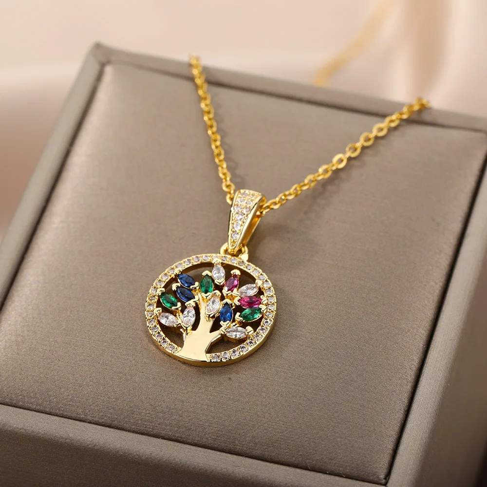 Tree of Life Necklace for Women Stainless Steel Long Chain Pendants Necklaces 2024 Trend Choker Aesthetic Jewelry collares mujer