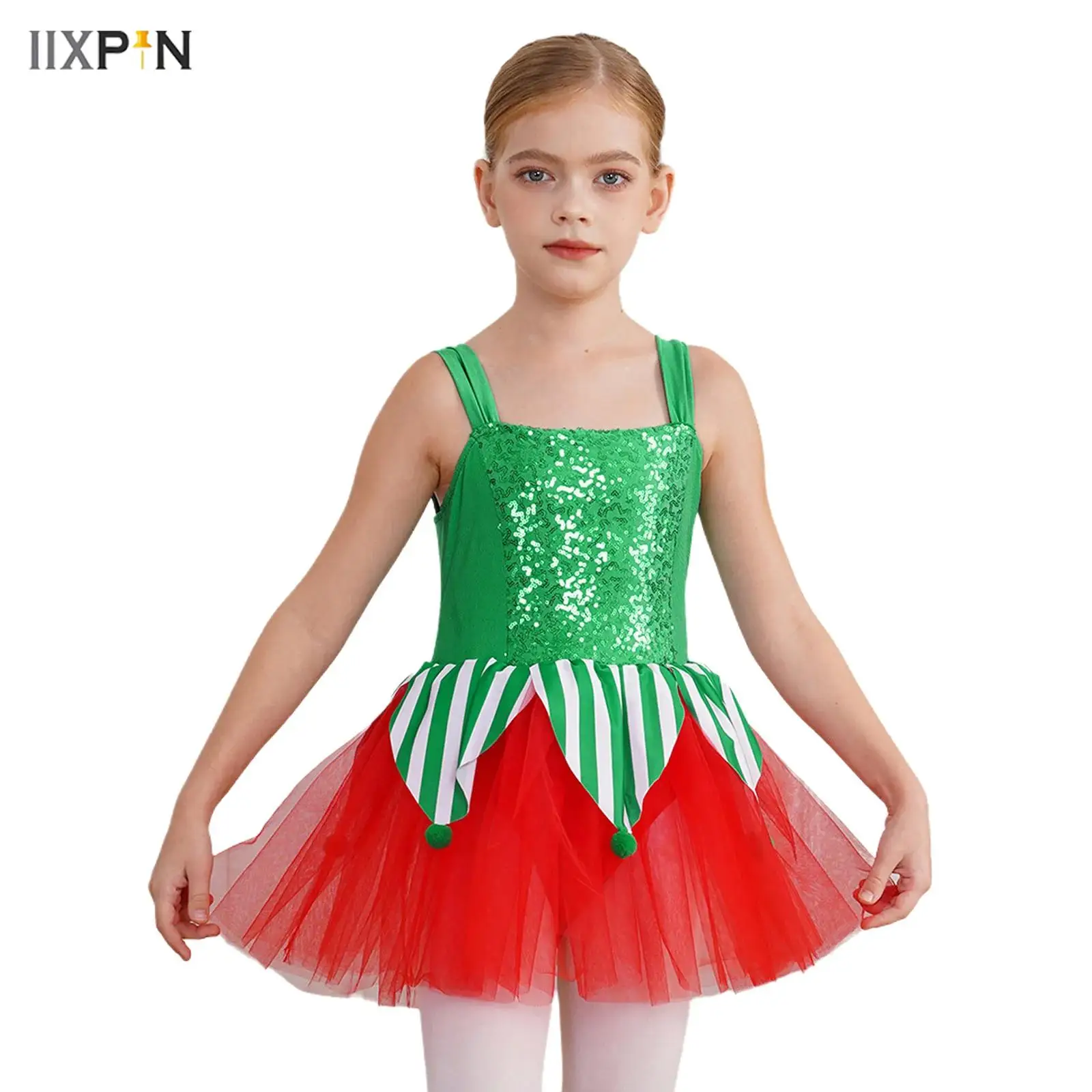 

Girls Christmas Costumes Ballet Tutu Dress Shiny Jumpsuit Sleeveless Jagged Pompoms Tulle Skirt Dress for Xmas Cosplay Dancing