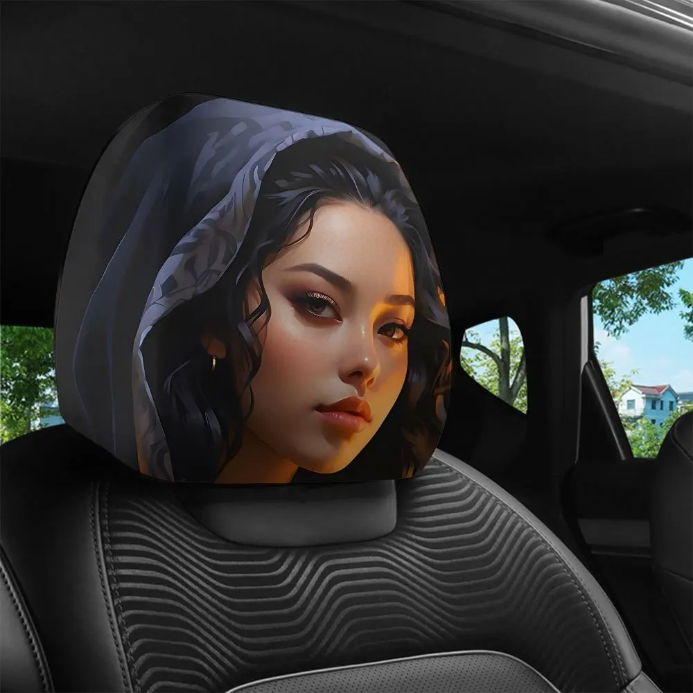 Universal Vintage Mysterious Character Car Headrest Cover 2Pcs 3D HD Printed Unfilled Washable Durable Creative Auto Interior