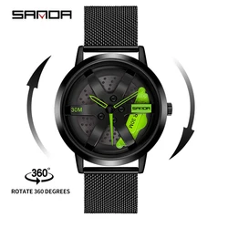 SANDA P1075 Original 3D Real Man Mesh Band Waterproof Watches Car Rim Design Watch Quartz Men's Sports 360 Rotate For Men Clock