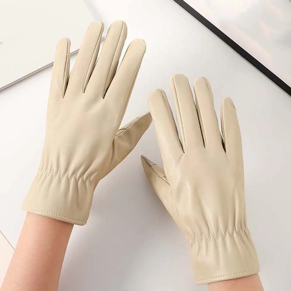 

Equestrian Soft PU Anti-cold Gloves Waterproof Solid Color Black Thickened Gloves Touch Screen Warmer Beige Finger Mittens Women