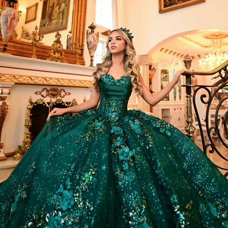 Blackish Green Quinceanera Dress For Sweet 16 Dress Girl Sequined Beaded Handmade Flowers Graduatin Party Prom Dress vestidos de