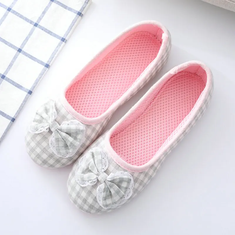 Cartoon Lattice Bow Cotton Slippers  Home For Womens Indoor Bedroom House Lili Female Shoes Pink/Gray