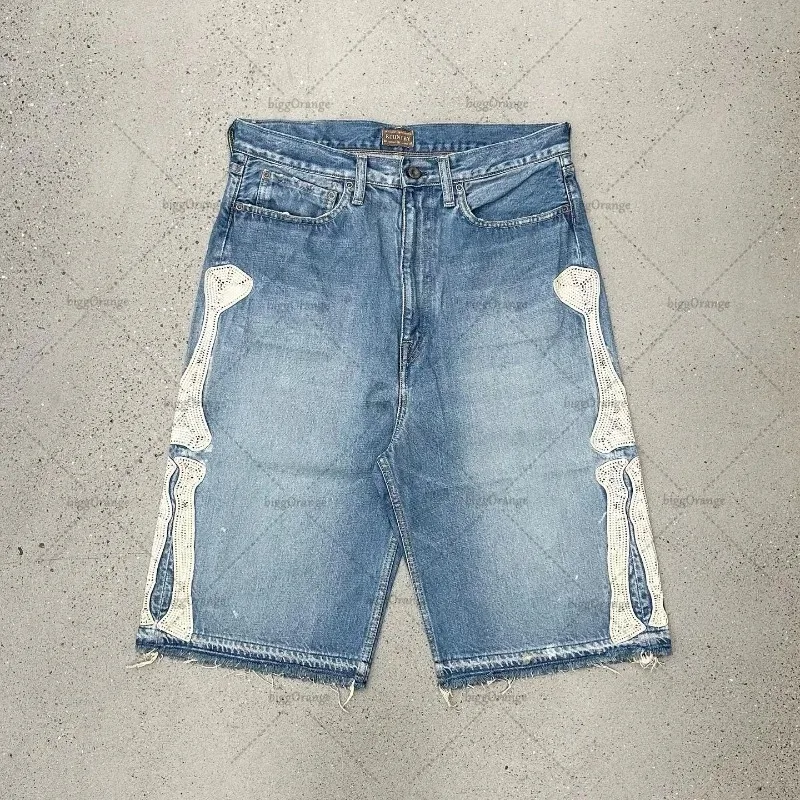 2024 European and American Summer Retro Skeleton Denim Shorts Sports Casual Shorts New Couple Wear Street Wear Five-Fifth Pants