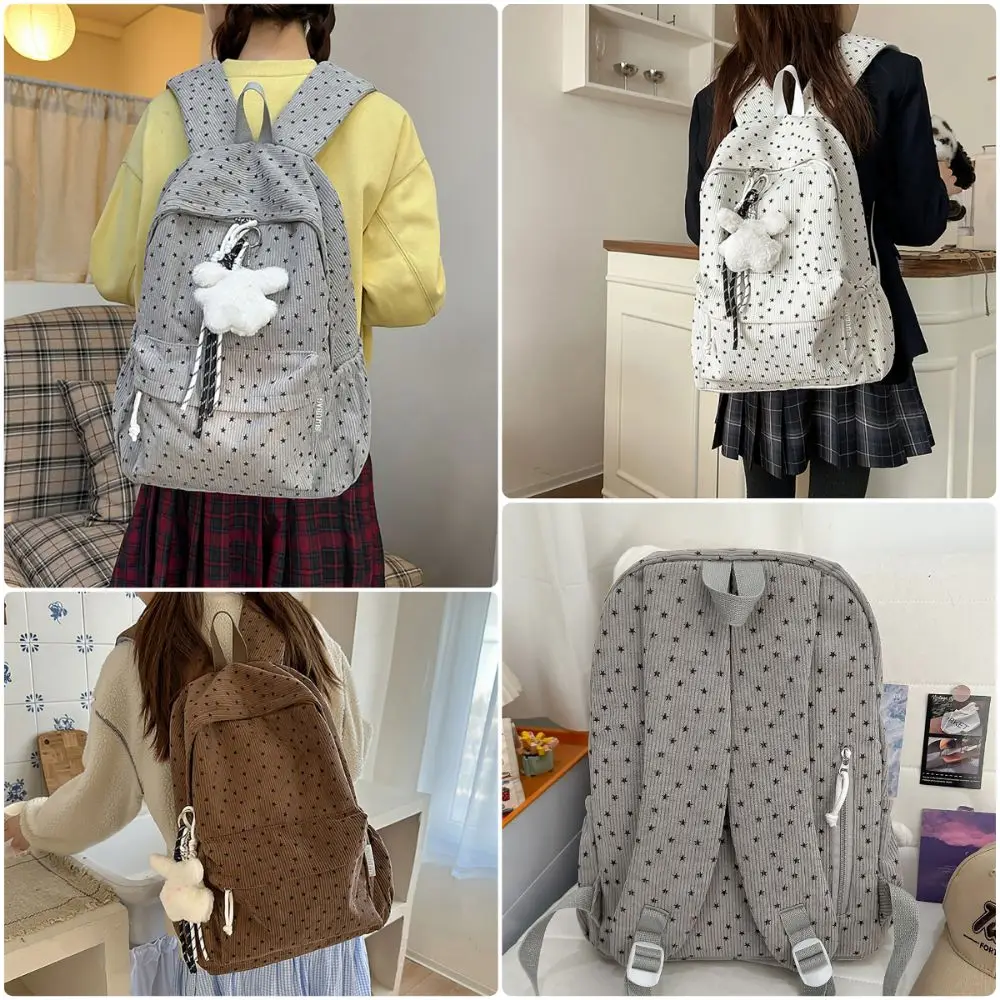 Multicolor Star Backpack Corduroy Large Capacity Lightweight School Bag Breathable Star Printed Shoulders Bag Autumn and Winter