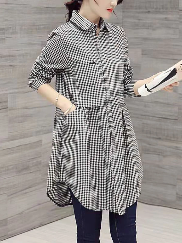 Plus Size New Korean Fashion Blouses Plaid Button Solid Midi Autumn Shirt Female All-match Loose Long Sleeve Polo-Neck Blouse