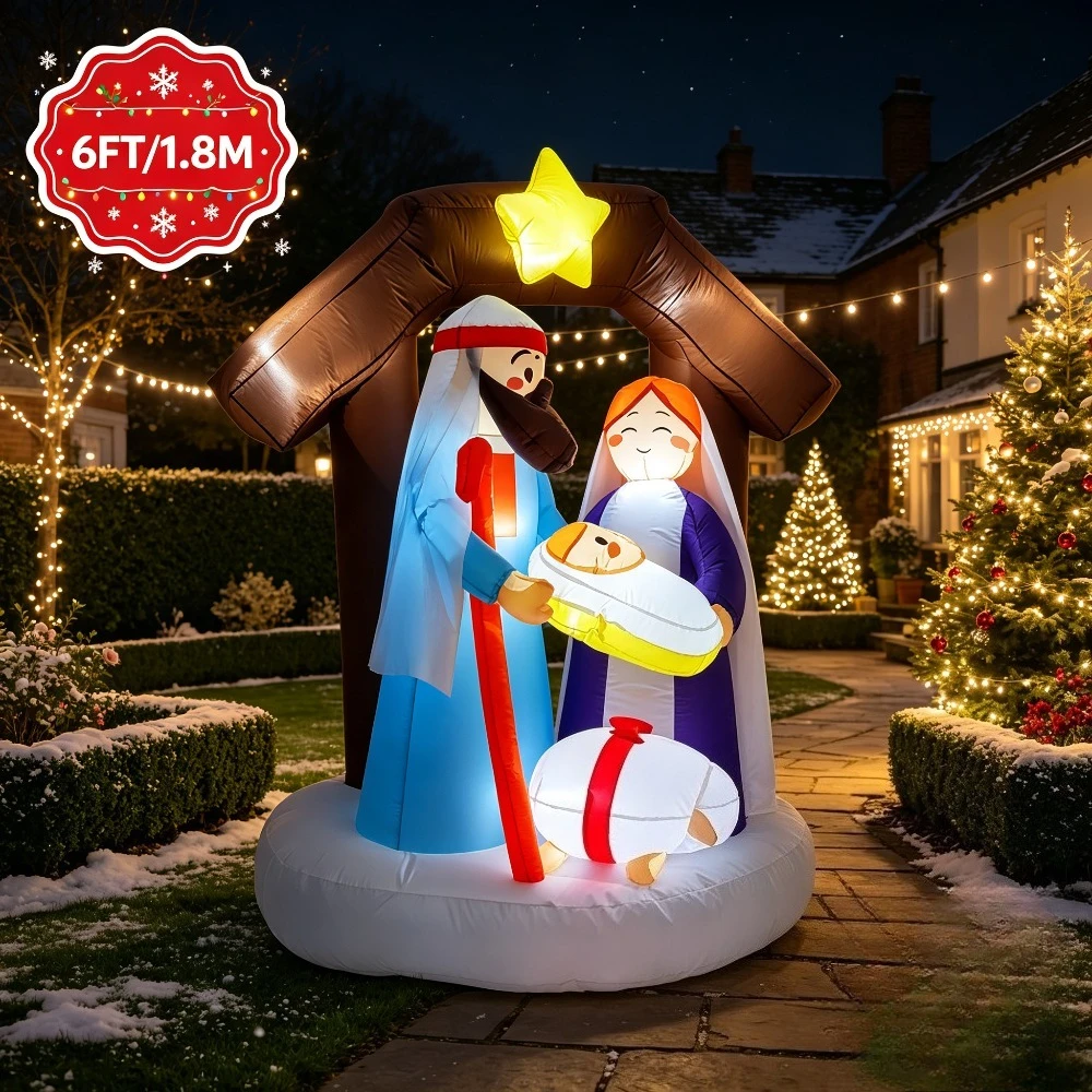 Christmas Blow Up Nativity Scene 6FT Inflatable Holy Family with Star Manger Decor Outdoor Holiday Yard Lawn Art Decoration