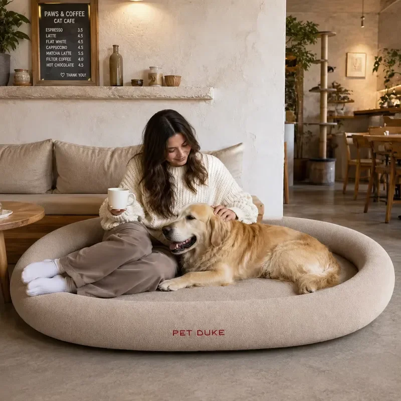 Wholesale Oval Memory Foam Pet Bed, Off-White Litchi Velvet Cover, Custom Red Logo, Removable Dog Cat Bed OEM