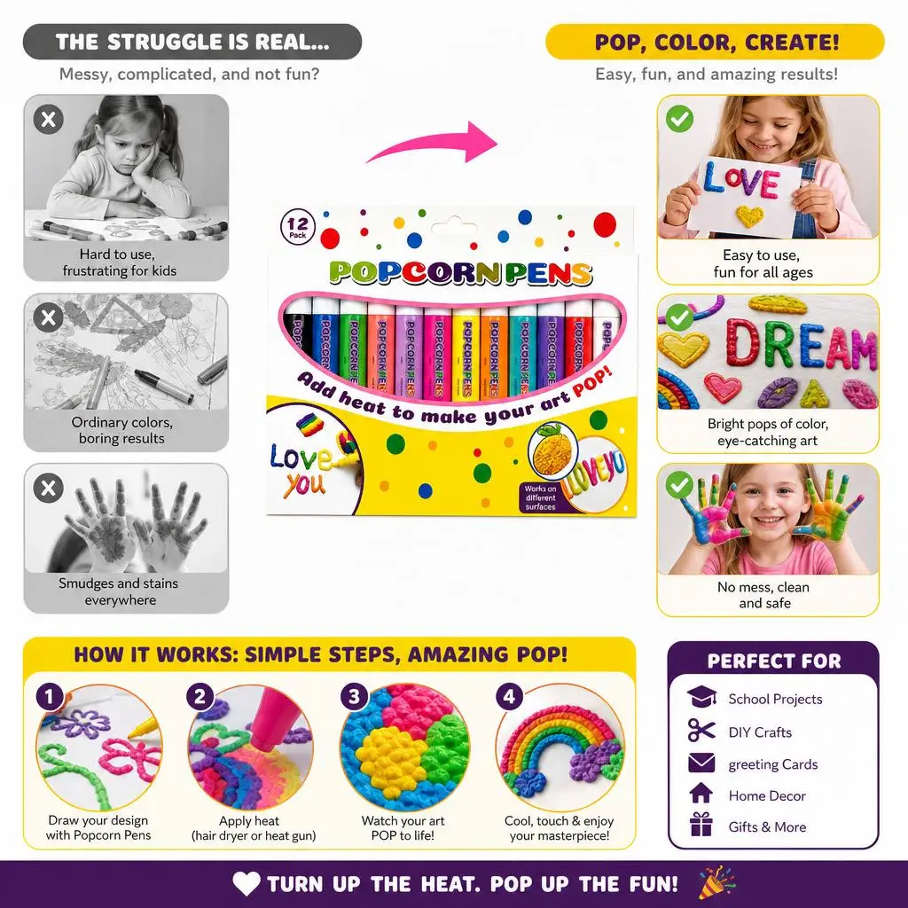 12 Color 3D Magic Heat Activated Pop Pens Creative Drawing Pens DIY Craft Stationery Doodle Journal Greeting Card Art Set view 2
