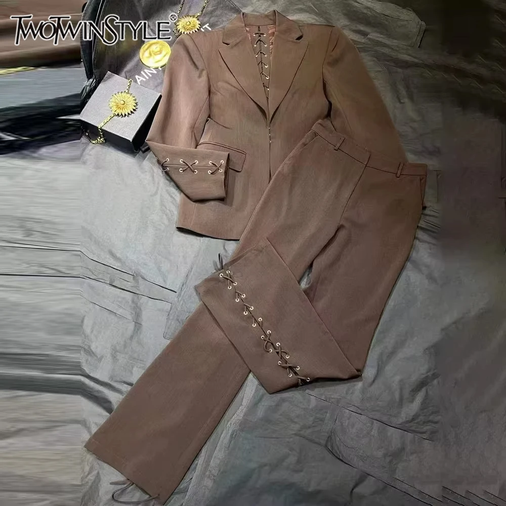 

TWOTWINSTYLE Solid Designer Two Piece Sets For Women V Neck Long Sleeve Top High Waist Pants Casual Set Female Fashion KSE545729