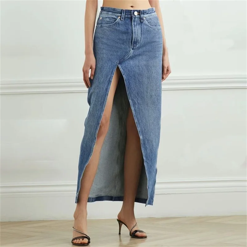 

Женская юбка, Новинка лета 2024, корейская мода, облегающая женская юбка с заниженной талией, длинная юбка из чистого хлопка с разрезом, джинсовая юбка y2k