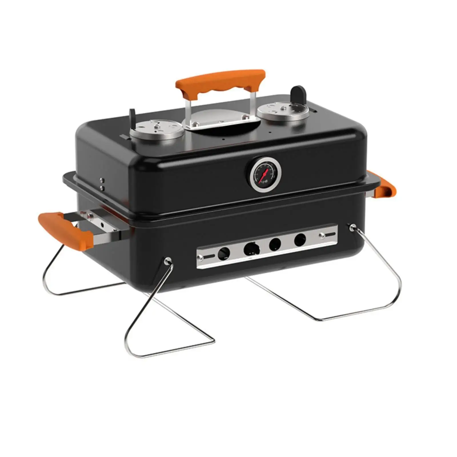 Black Metal Portable Folding Grill Compact Foldable BBQ Grill with Orange Handles for Outdoor Camping Use