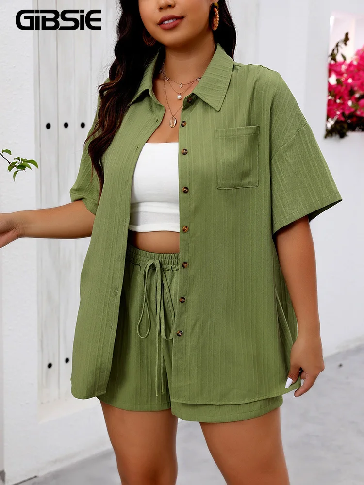 GIBSIE Plus Size Holiday Two Piece Set Women Summer Short Sleeve Button Down Shirt With Pockets Solid Elastic Waist Shorts Sets