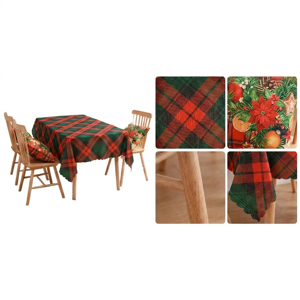 Christmas Tablecloth Polyester 140x220cm Classic Plaid Print Soft Fabric Scalloped Edge for Festive Table Setting