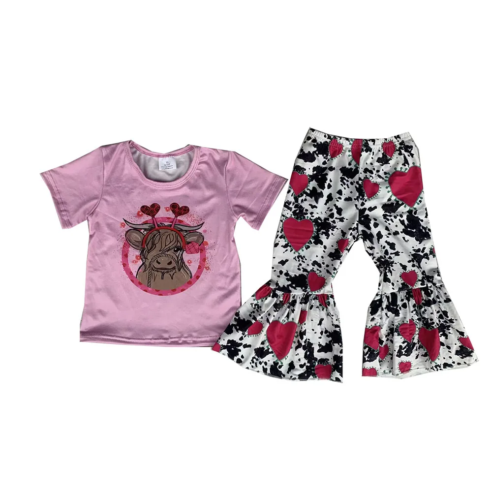 

New Valentine Outfits Love Print Girls Short Sleeve Tie Knot Top Cows Leopard Bell Bottom Pants Sets