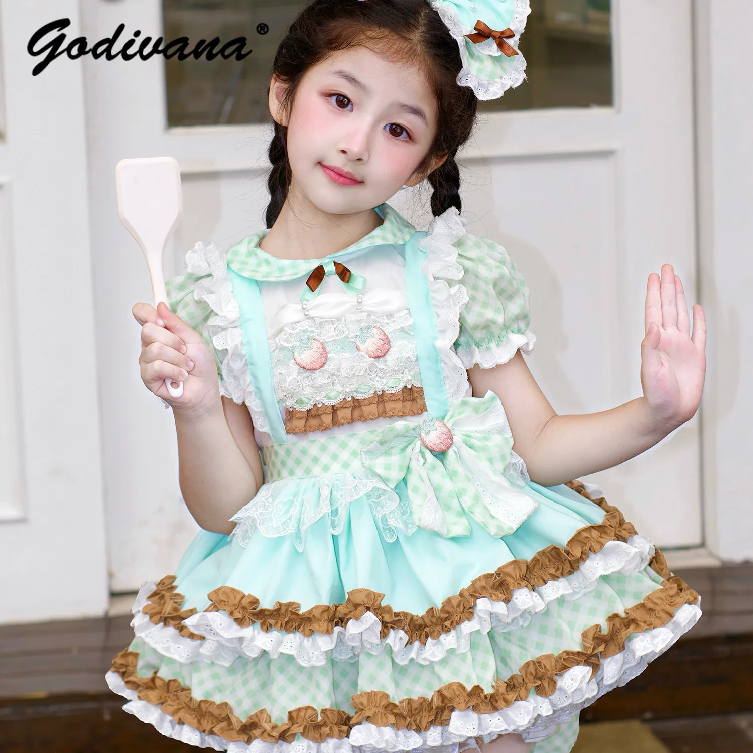 

Sweet Baby Girls Lolita Princess Dress 2026 New Summer Kids Puff Sleeve Lightweight Embroidered Lace Ruffle Trim Tutu Party Gown