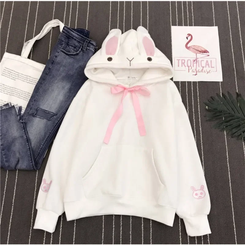 Cartoon Hoodies Women Embroidered Rabbit Cute Sweatshirts Loose Girls Long Sleeves Coats Ears  Streetwear Autumn Winter