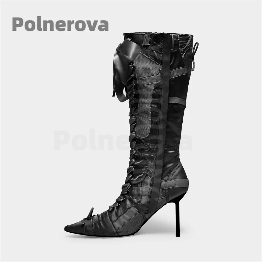 

Женские черно-розовые атласные сапоги до колена со шнуровкой спереди и бантом ручной работы, милые туфли на высоком каблуке-шпильке с острым носком