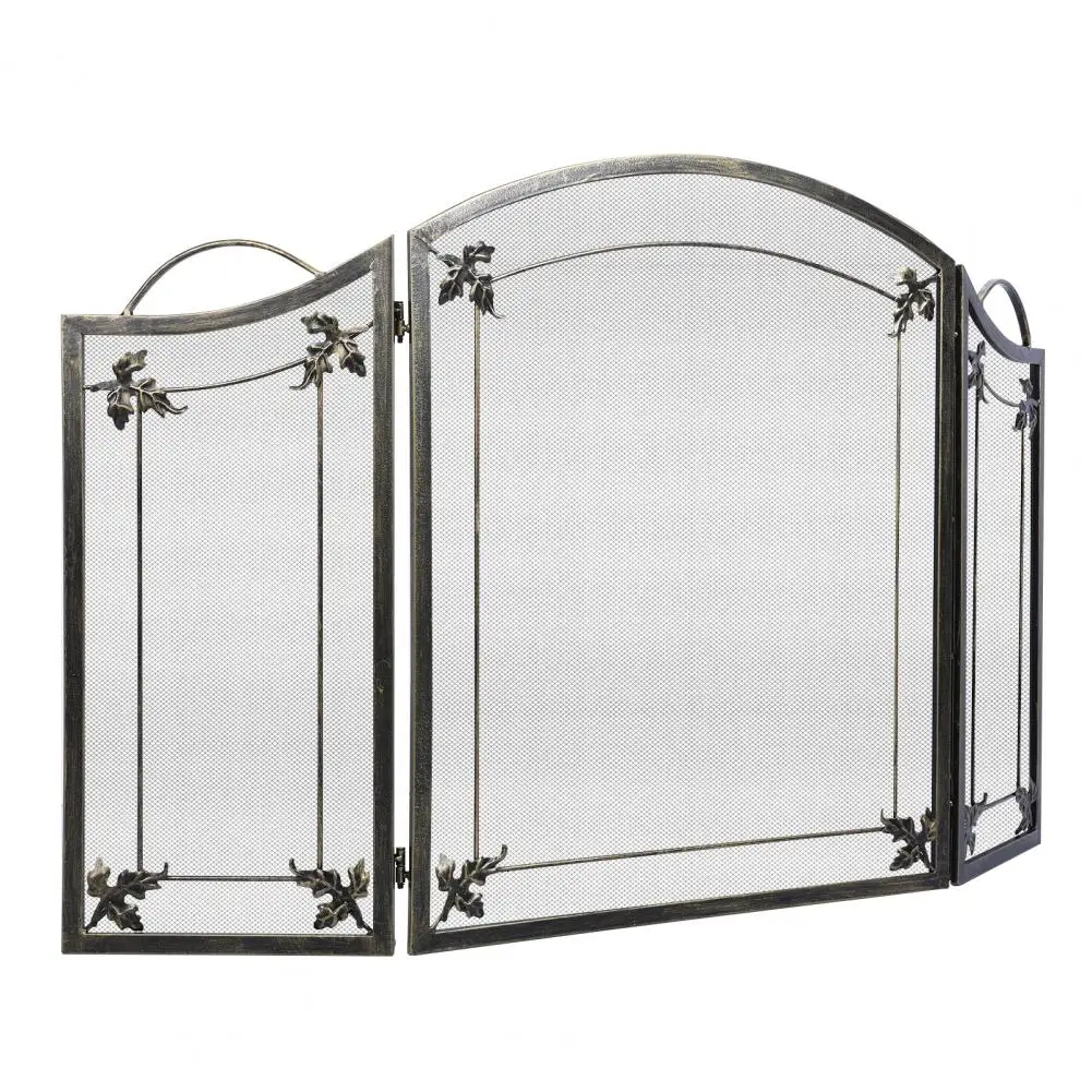 Transparent Mesh Fireplace Screen with Curved Handle, Foldable 3 Panels Fireplace Spark Guard, Sturdy Welded Hinges Spark Preven