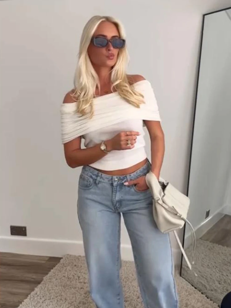 HH Women's Summer Chic Slim Knitted Tops Slash Neck Off-Shoulder Folds Decorate Pullover Female New Fashion White Tops