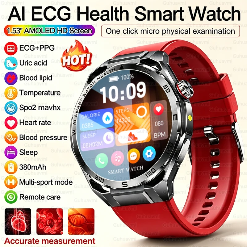 2026 New AI ECG Smart Watch Men Accurate Heart Rate BP Blood Lipids Uric Acid 24h Sleep Tracker Bluetooth Call Fitness Watches