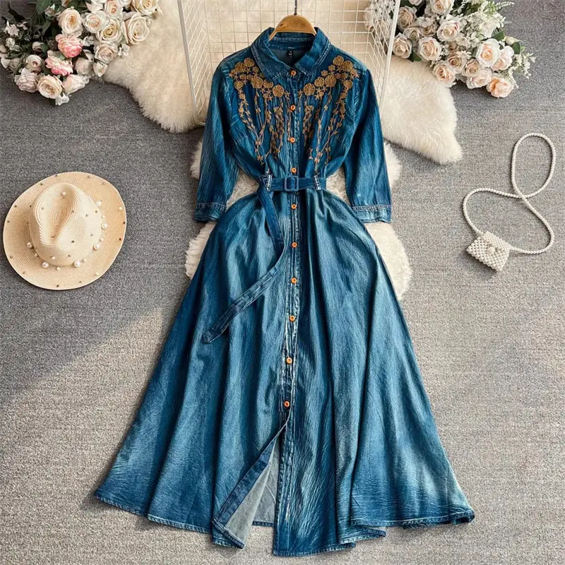 

Light Luxurious Temperament Elegant Dress Lady 3/4 Sleeve Lapel Embroidery Waistband Slim Single Breasted Denim Dress Maxi Z2851