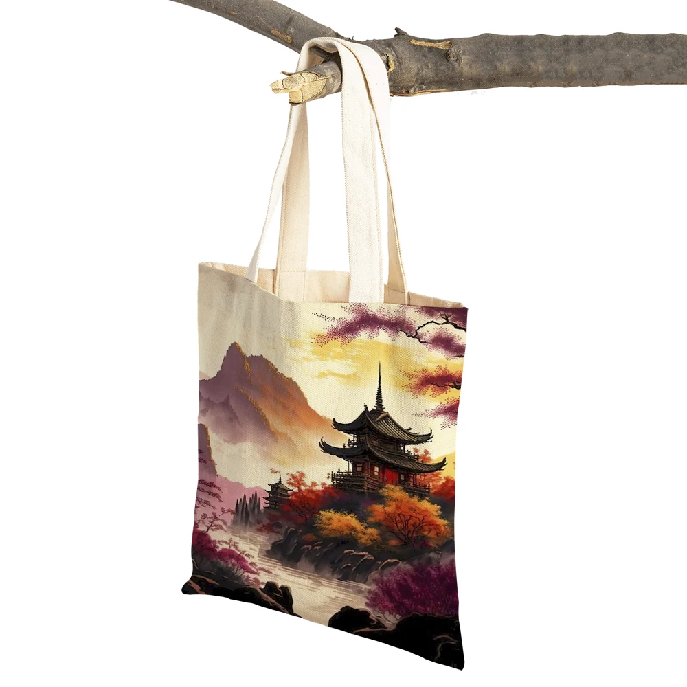 Chinese Painting Forest Women Shopping Bags Casual Canvas Handbag Double Print Decor Beautiful Scenery Shopper Bag Lady Tote