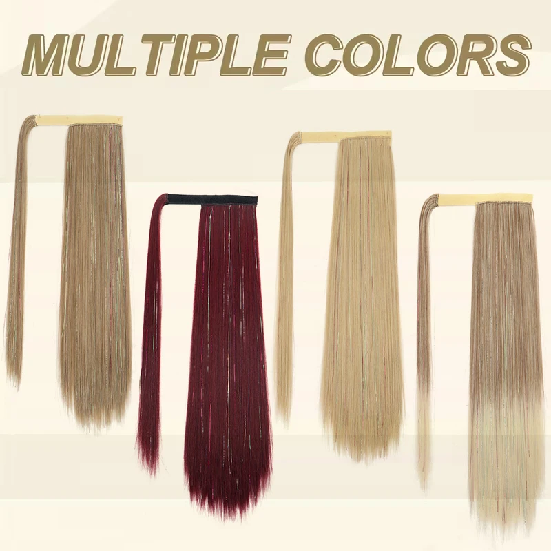 24Inch Long Straight Synthetic Ponytail Shiny Laser Wrapped Fashion Glitter Hairpiece for Women Daily Party Styling