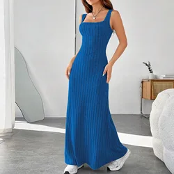 Women's Elegant knitted long dresses Casual Sundress Beach Dress ball gown Square Neck Tank Dresses vestidos verano moda 2024