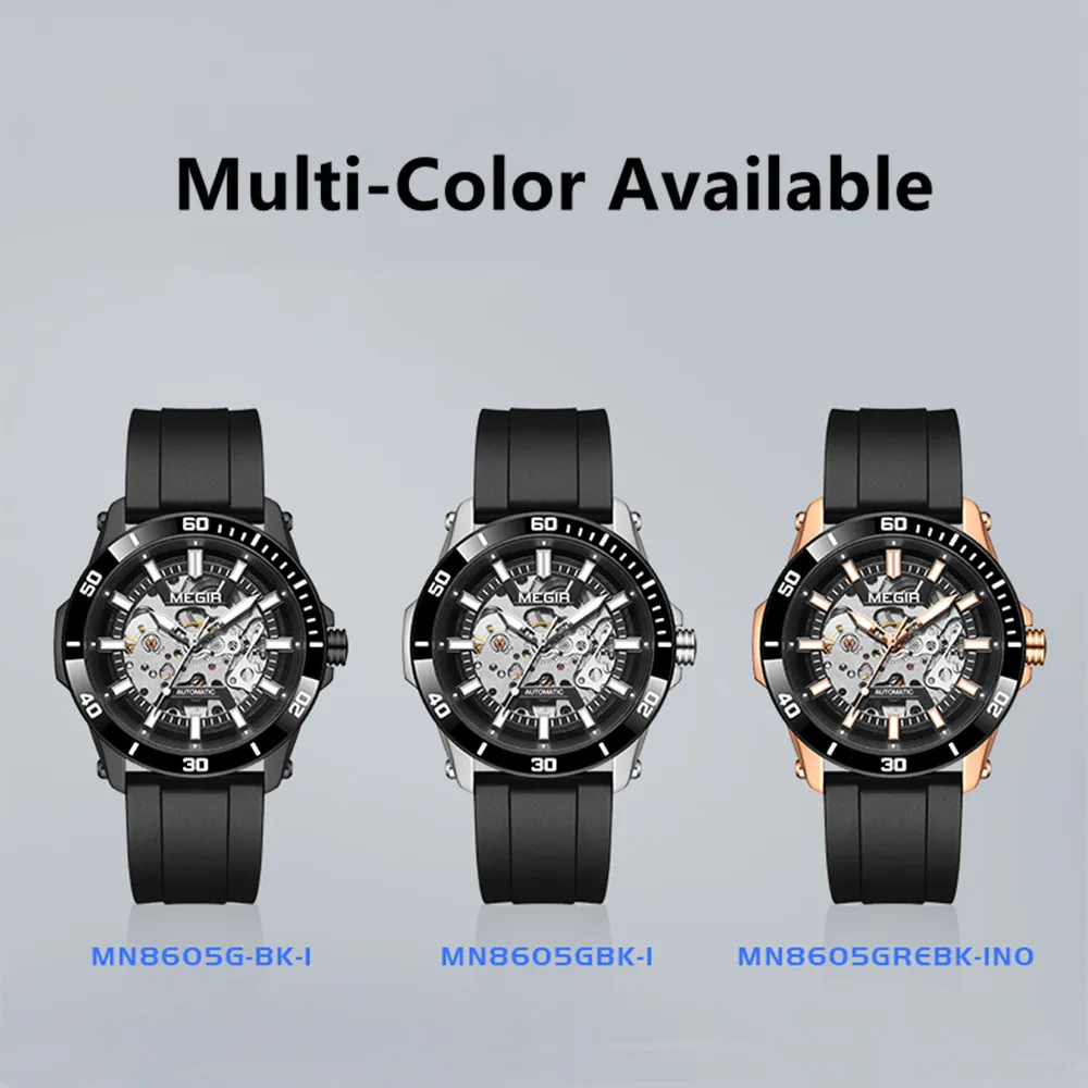 MEGIR Hollow Out Mechanical Watch for Men Fashion Stainless Steel Case Sapphire Full Automatic Wristwatches Montre Homme 8605